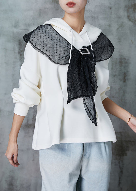 Beige Hooded Bow Wrinkled Cotton Sweatshirt Spring