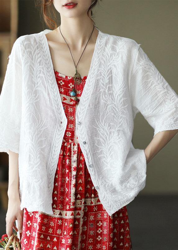 White Cotton V Neck Embroideried Half Sleeve Tops