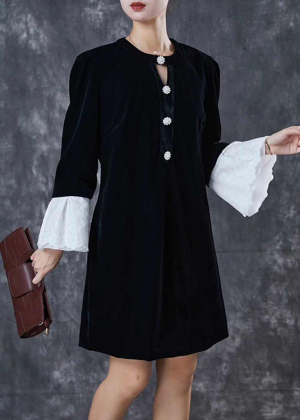 French Black Hollow Out Velour Holiday Dress Flare Sleeve