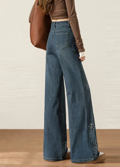 Navy Hollow Out Flower Denim Pants Spring