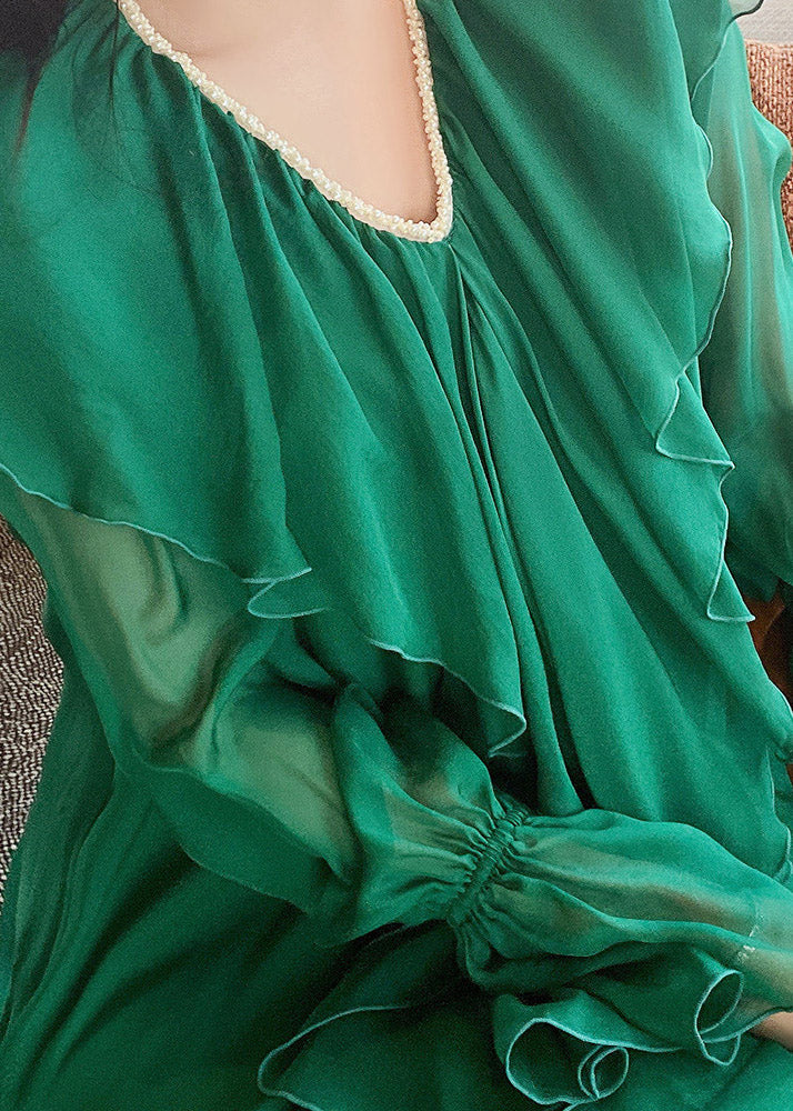 Green V Neck Print Nail Bead Wrinkled Silk Maxi Dresses Lantern Sleeve