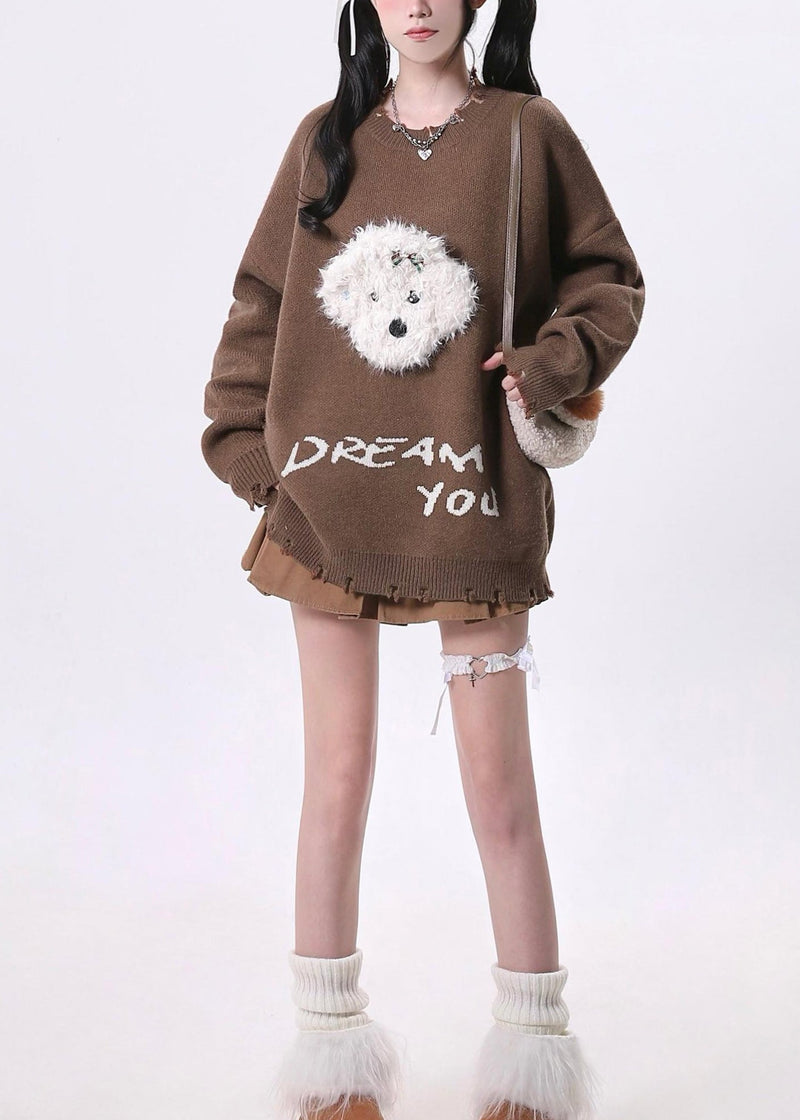 Versatile Coffee O Neck Ripped Knit Sweater Tops Spring