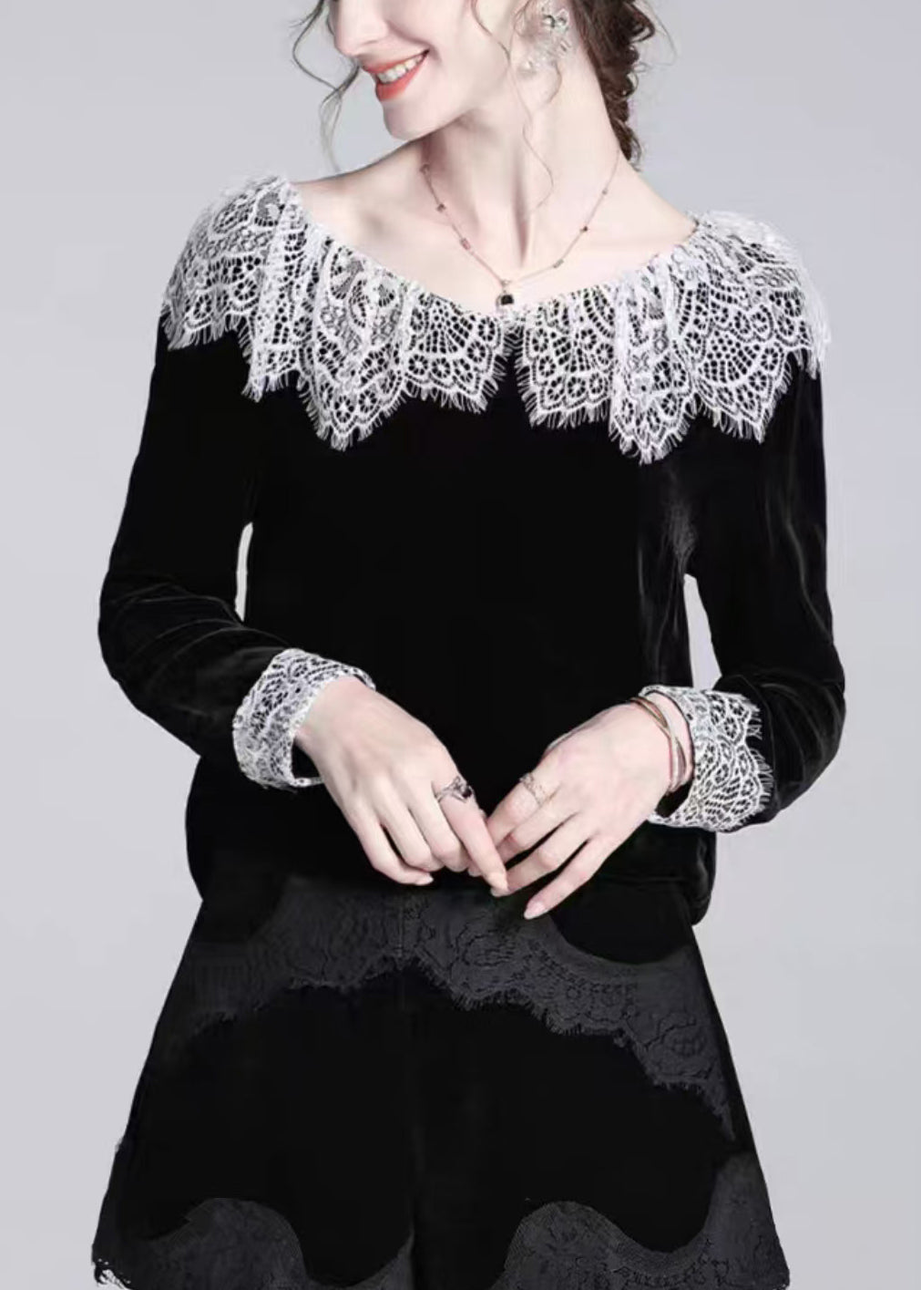 Black Lace Patchwork Silk Velour T Shirt Winter