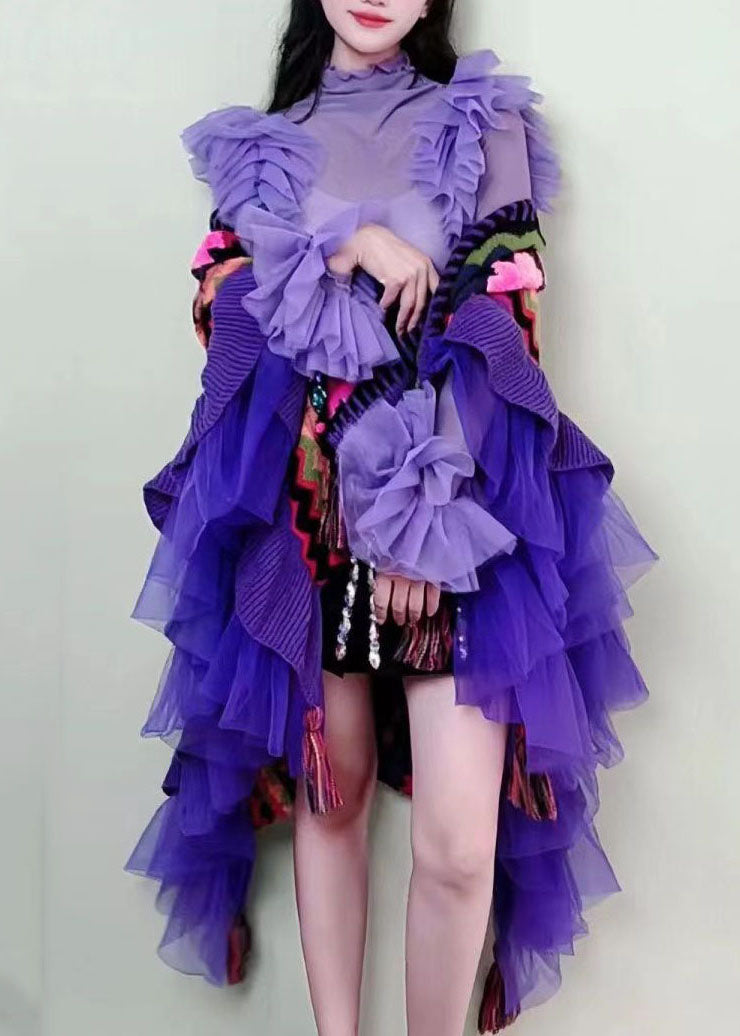 Purple V Neck Tulle Patchwork Embroideried Knit Cape Long Sleeve