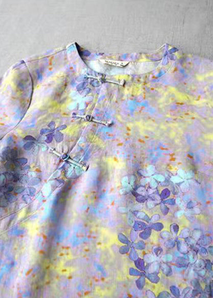 Purple O-neck Linen Shirt Top Three Quarter Sleeve