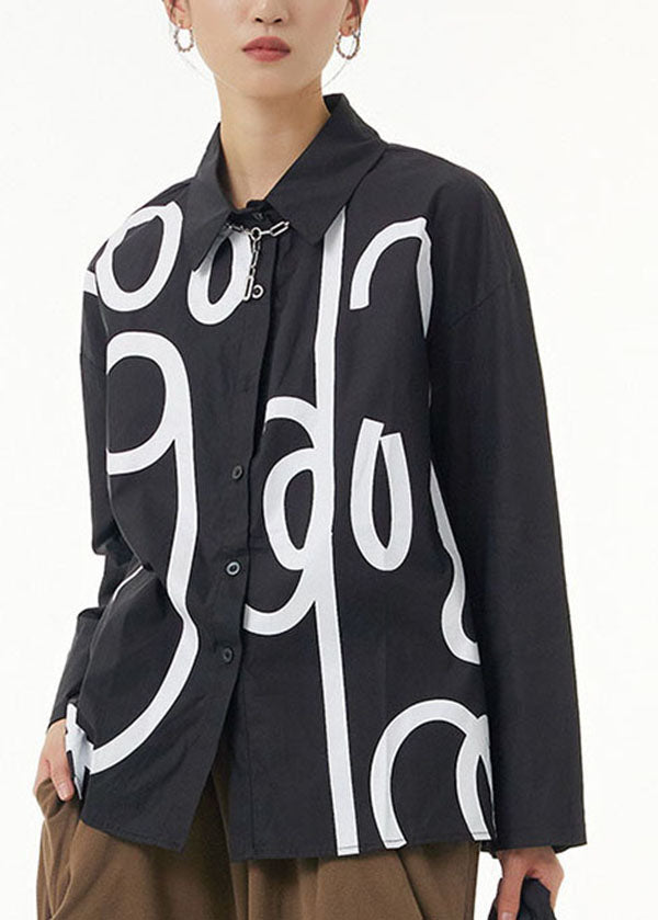 Black Peter Pan Collar Geometric Patchwork Cotton Blouses Spring