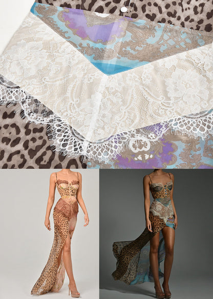 Blue Leopard Lace Patchwork Chiffon Spaghetti Strap Dress Sleeveless Summer