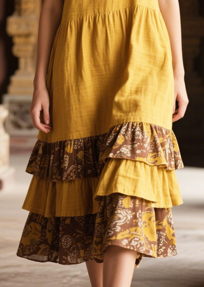 Yellow Ruffles Patchwork Cotton Long Dress Summer