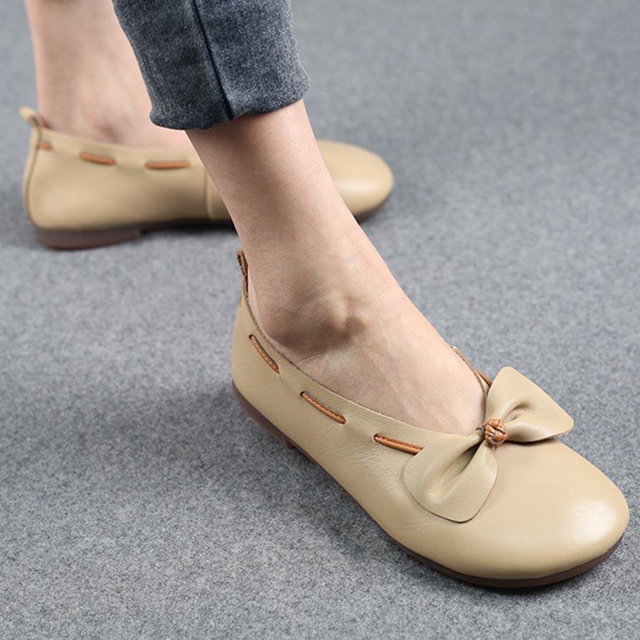 Chocolate Bow Cowhide Flat Shoes for