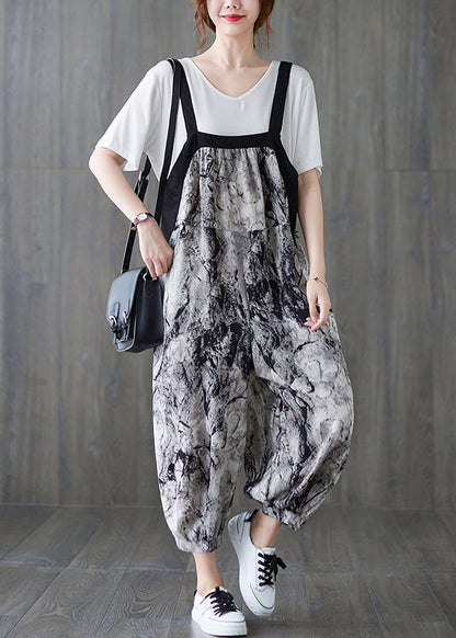 Art Ink Printing Pocket Patchwork Lantern Pant Strap Jumpsuit Spring