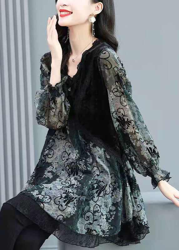 Slim Fit Black V Neck Velour Patchwork Layered Chiffon Tops Long Sleeve