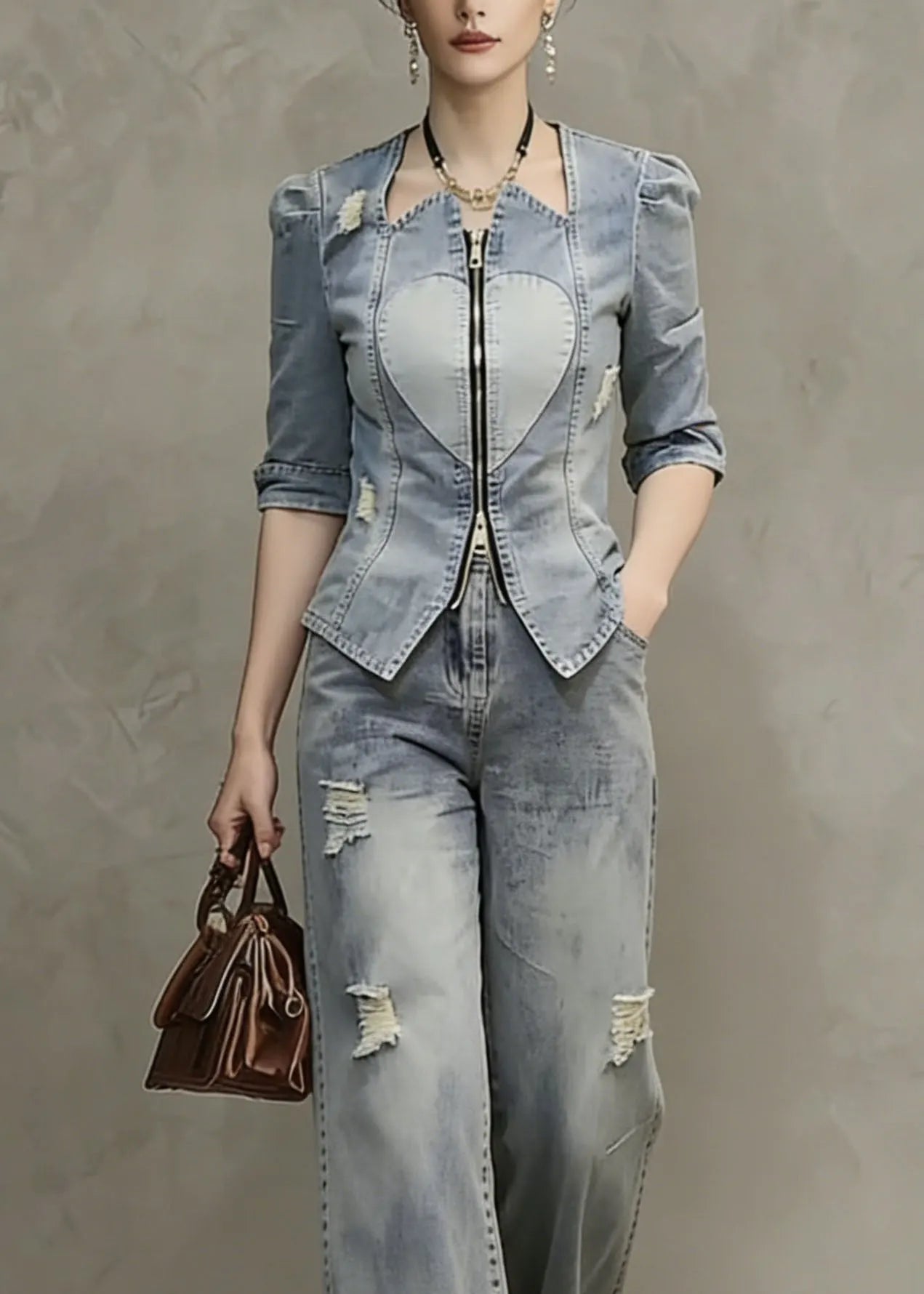 Blue Zip Up Patchwork Ripped Denim Two Pieces Set Spring
