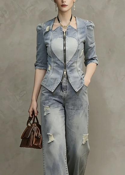 Blue Zip Up Patchwork Ripped Denim Two Pieces Set Spring