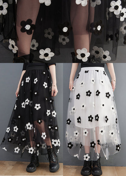 White Embroideried Tulle Skirts High Waist Spring