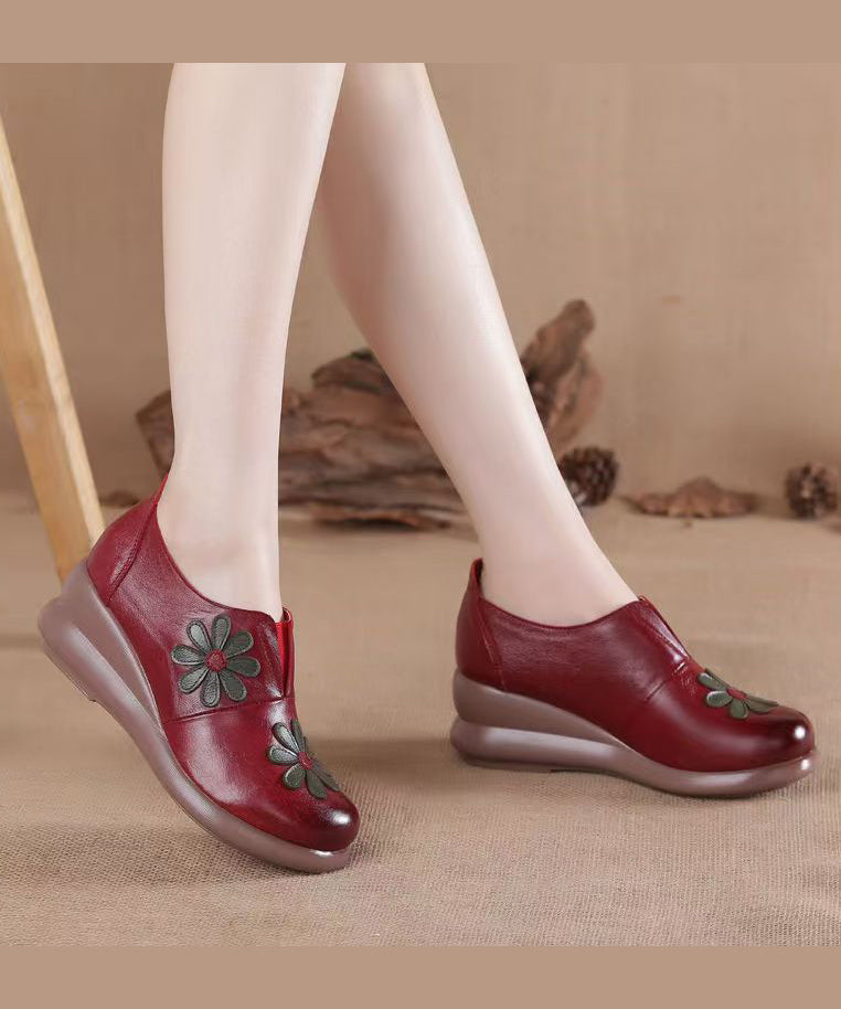 Brown Cowhide Leather Wedge Heels Shoes Splicing