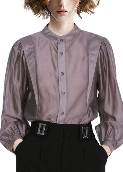 Grey Purple Peter Pan Collar Patchwork Shirt Tops Long Sleeve