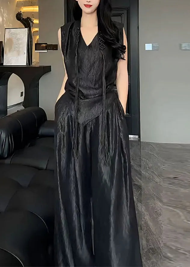 White V Neck Asymmetrical Silk Top and Pants Two Pieces Set Summer