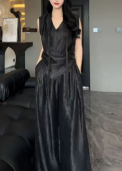 White V Neck Asymmetrical Silk Top and Pants Two Pieces Set Summer