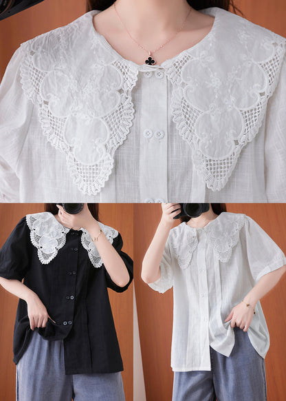 White Peter Pan Collar Button Cotton Linen Tops Summer