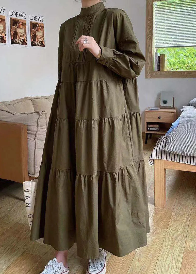 Khaki Hign Neck Patchwork Wrinkled Cotton Long Dress Spring