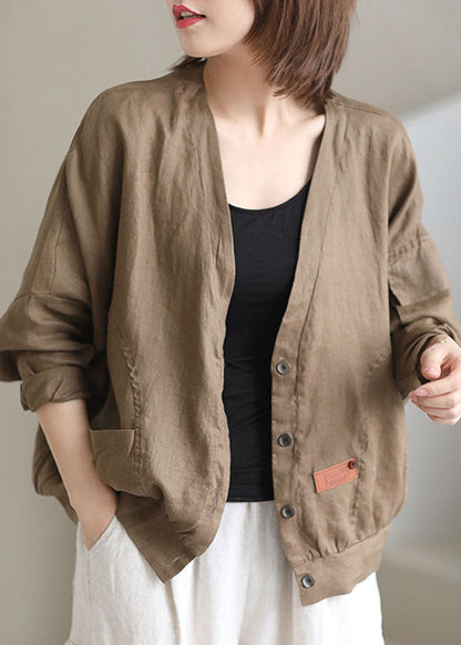 Khaki V Neck Loose Button Fall Long Sleeve Jacket