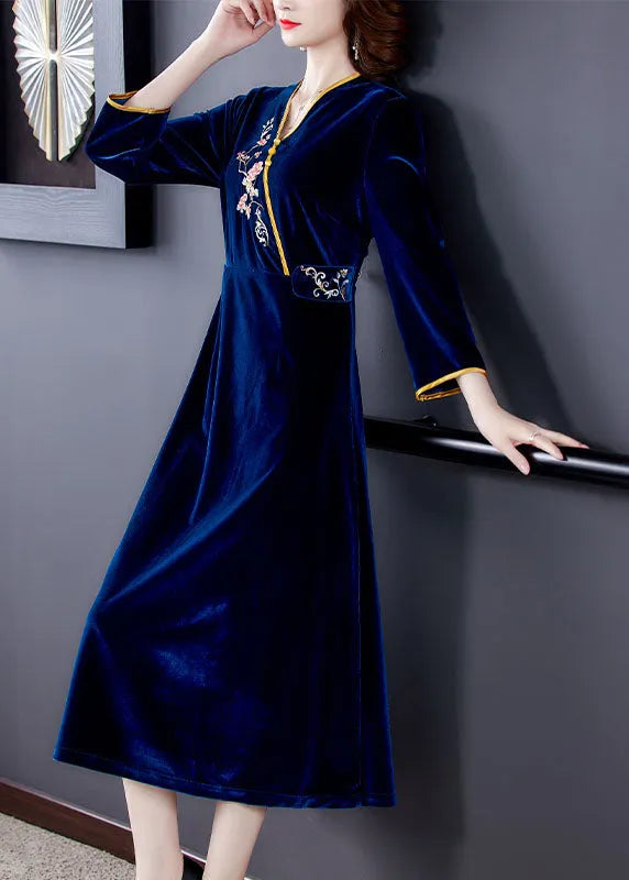 Dark Blue V Neck Embroideried Silk Velour Holiday Dress Long Sleeve