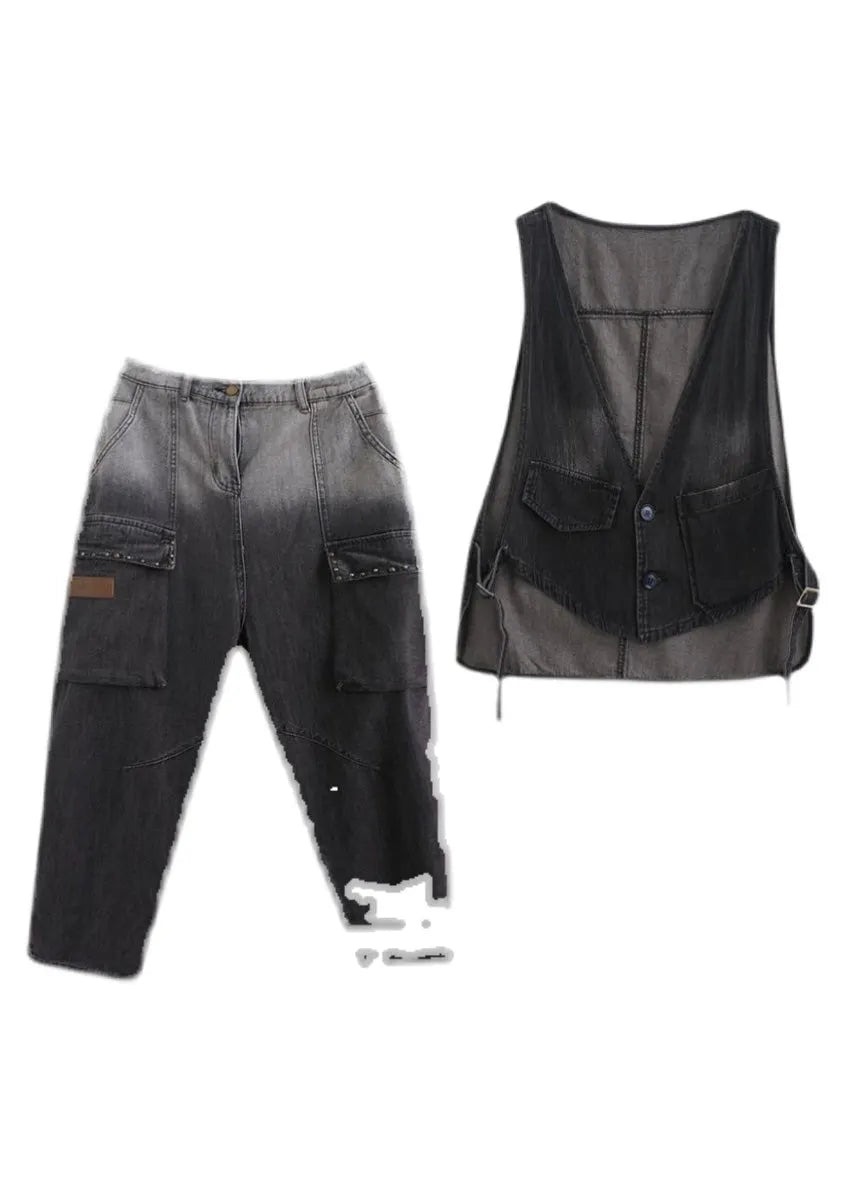 Gradient Color Black V Neck Patchwork Waistcoat and Harem Pants Two Pieces Set Spring