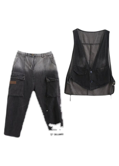 Gradient Color Black V Neck Patchwork Waistcoat and Harem Pants Two Pieces Set Spring