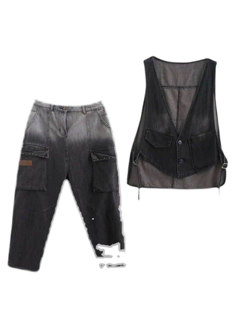 Gradient Color Black V Neck Patchwork Waistcoat and Harem Pants Two Pieces Set Spring