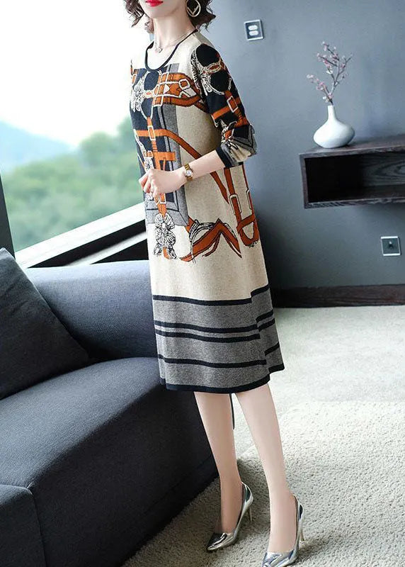 Modern Beige O-neck Print Knit Sweater Dress Long Sleeve