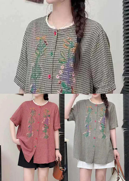 Stylish Red Embroidered Patchwork Linen Shirts Summer
