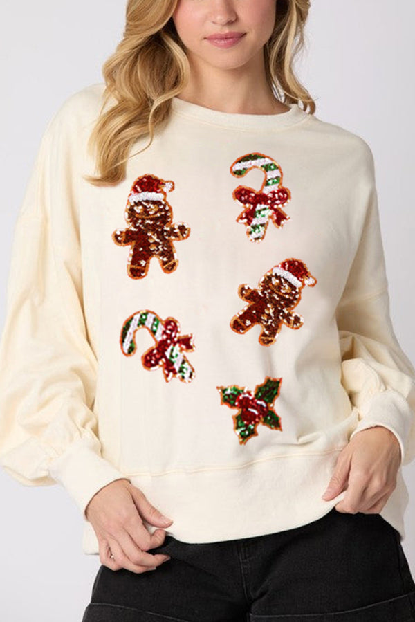 Christmas Gingerbread Man Sequin Casual Long-Sleeve Sweatshirt