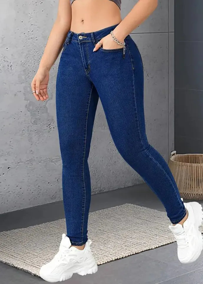 Dark Blue Pockets Button Patchwork Denim Pants