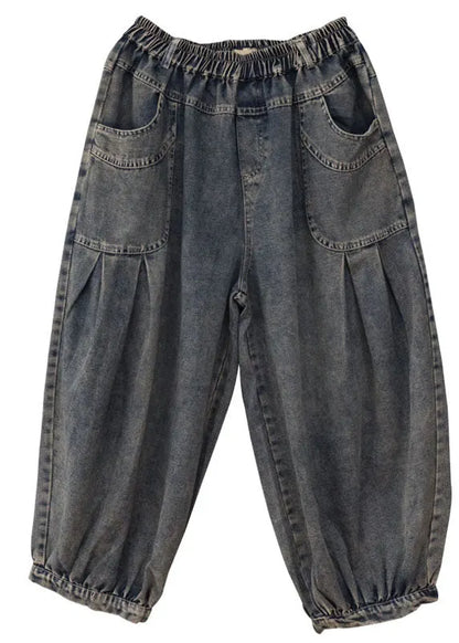 Blue Elastic Waist Pockets Denim Pants Spring