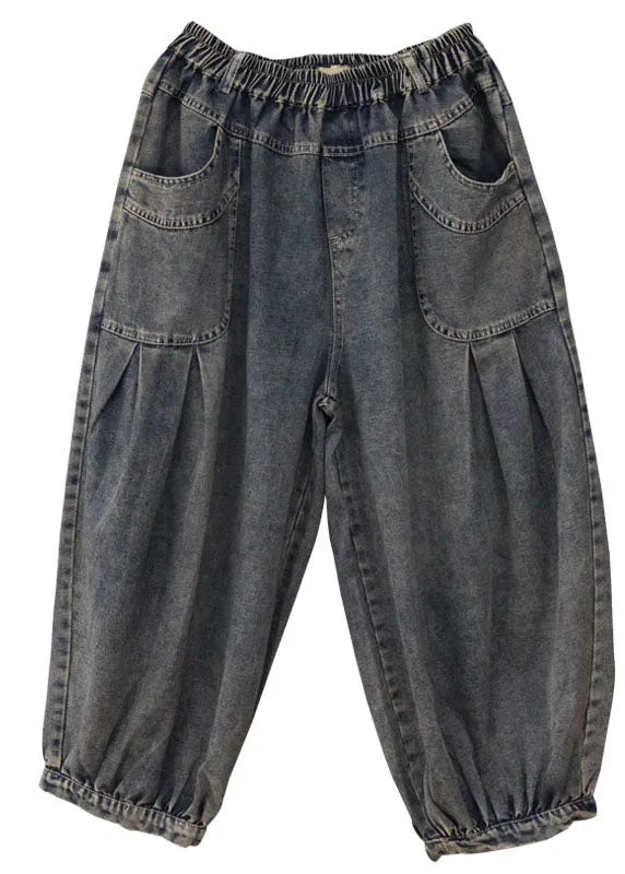Blue Elastic Waist Pockets Denim Pants Spring