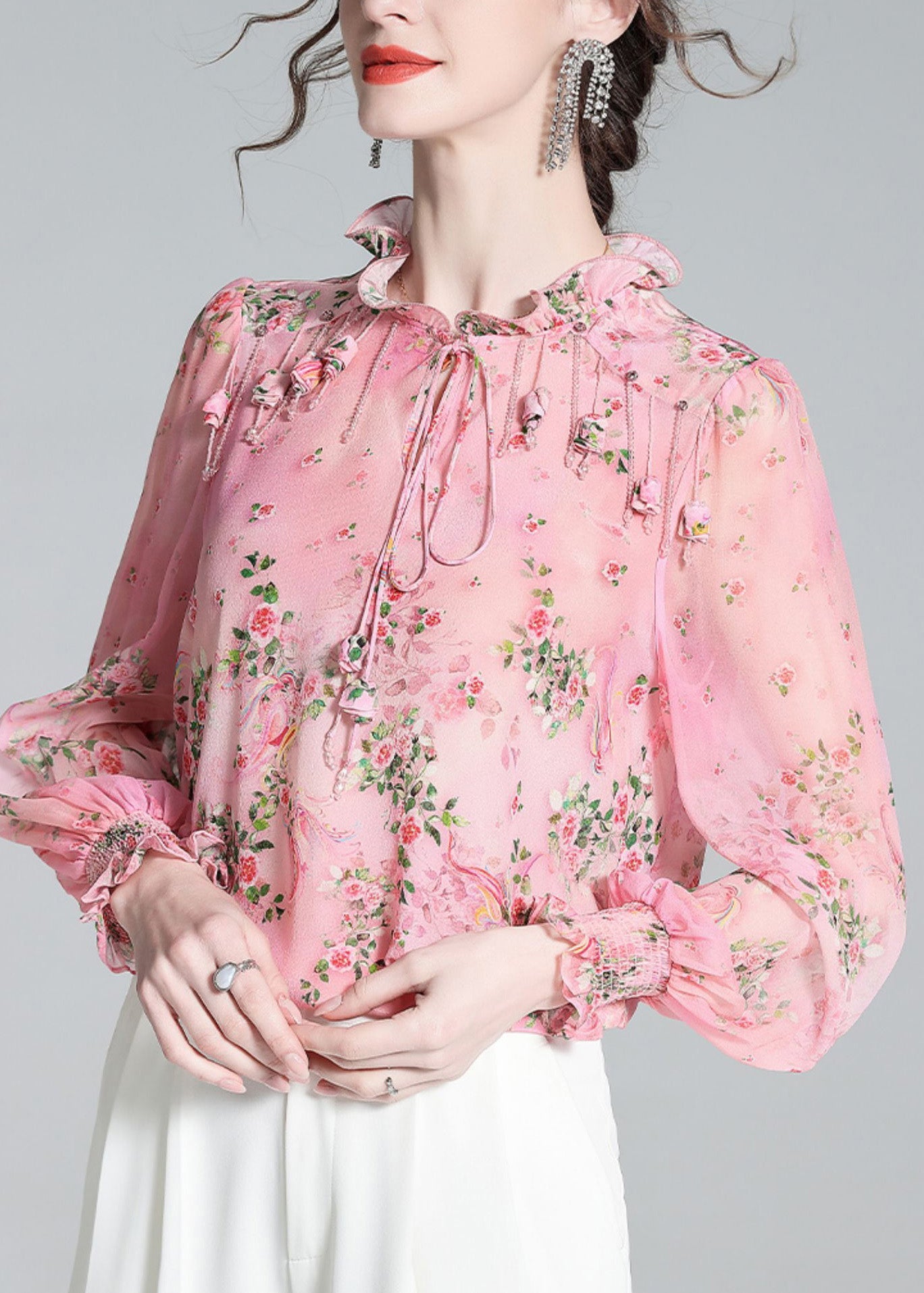 Pink Ruffled Print Tassel Neck Tiie Silk Shirt Long Sleeve Spring