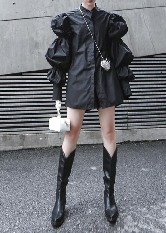 Fine Black Puff Sleeve Button Cotton Shirt