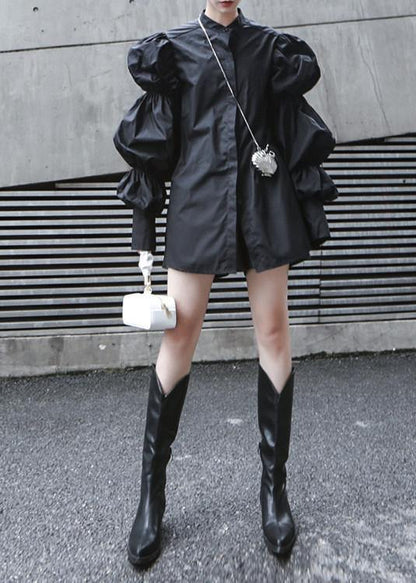 Fine Black Puff Sleeve Button Cotton Shirt