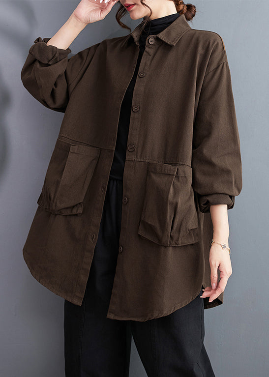 Loose Coffee Pockets Cotton Shirts Long Sleeve