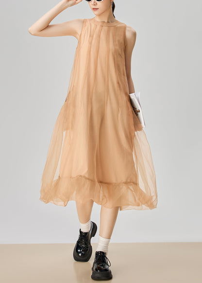 Orange O Neck Zippered Pockets Tulle Long Dress Sleeveless