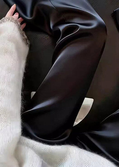 Fine Black Satin Crop Flared Trousers High Waist Summer