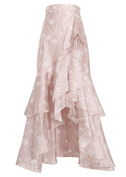 Pink Print Ruffles Asymmetrical Design Mermaid Skirt