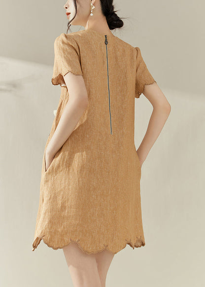 New Orange O-neck Embroidered Ruffled Mid Dress Summer