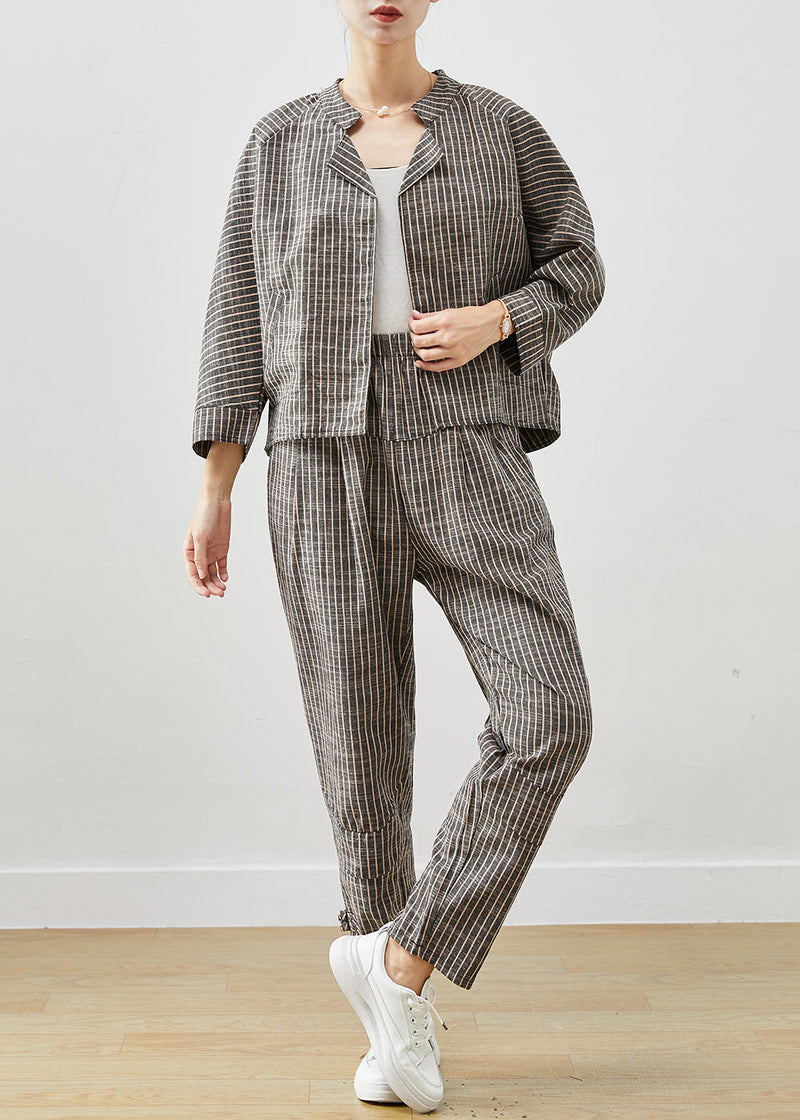 Grey Striped Linen Two Pieces Set Spring