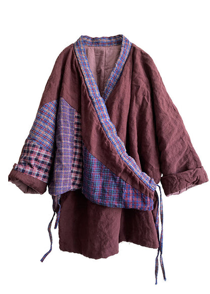 Purple V Neck Lace Up Patchwork Fine Cotton Filled Coats Winter