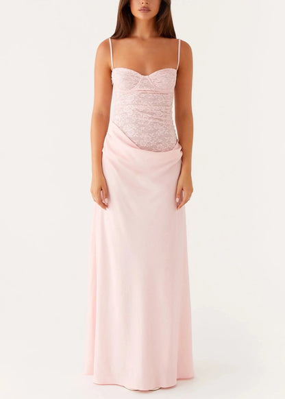 Slim Fit Pink Cold Shoulder Lace Patchwork Spaghetti Strap Dress Sleeveless