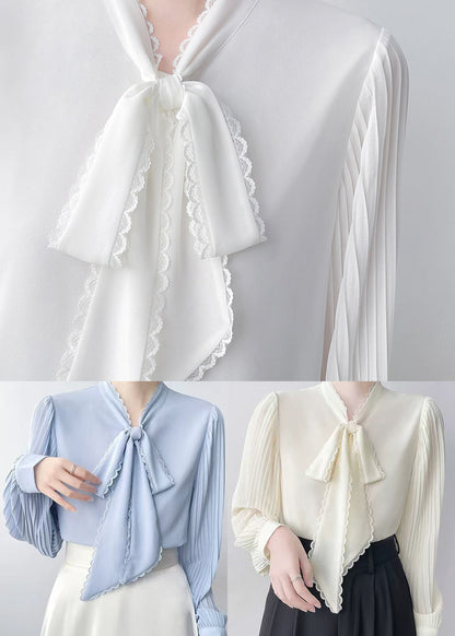 Blue Bow Draping Chiffon Pleated Shirts Spring