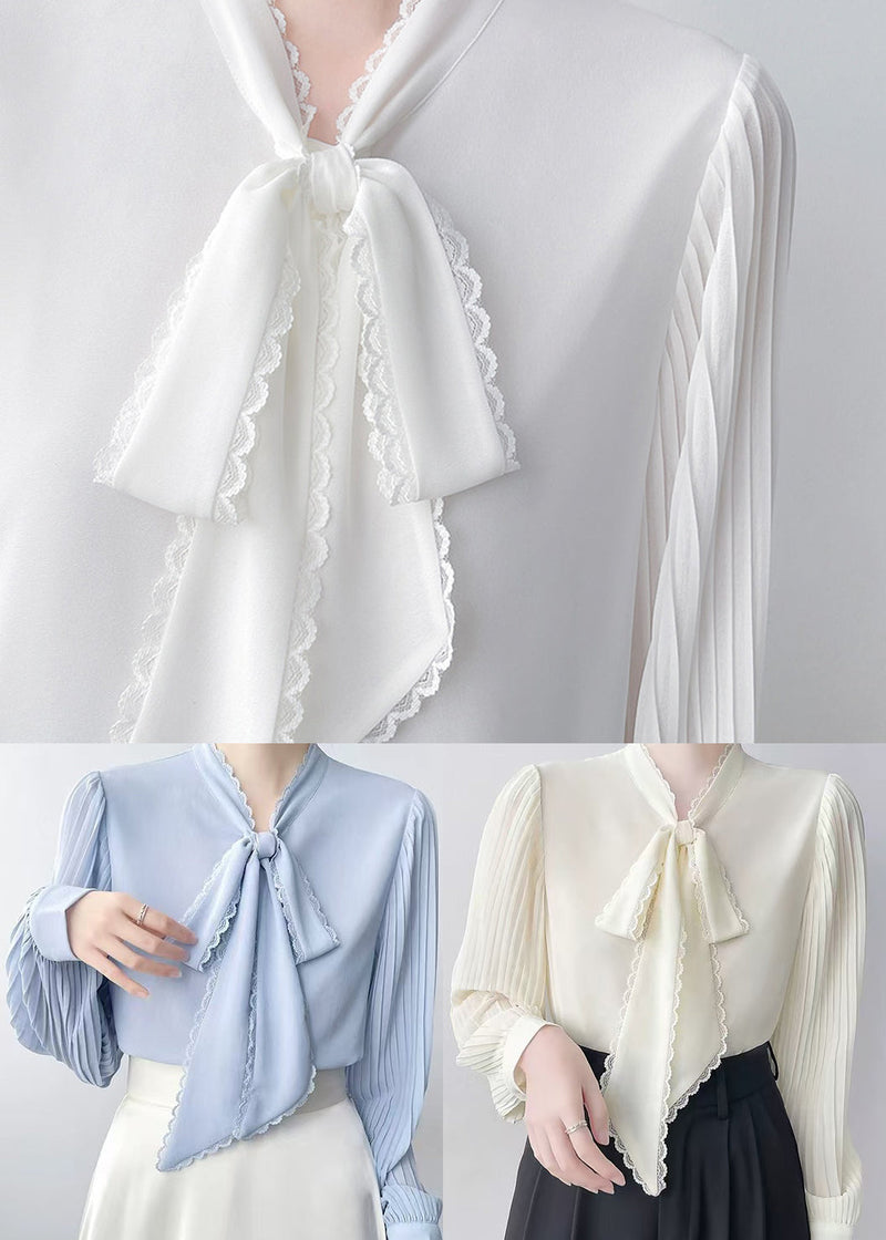 Apricot Draping Chiffon Blouses Bow Wrinkled Spring