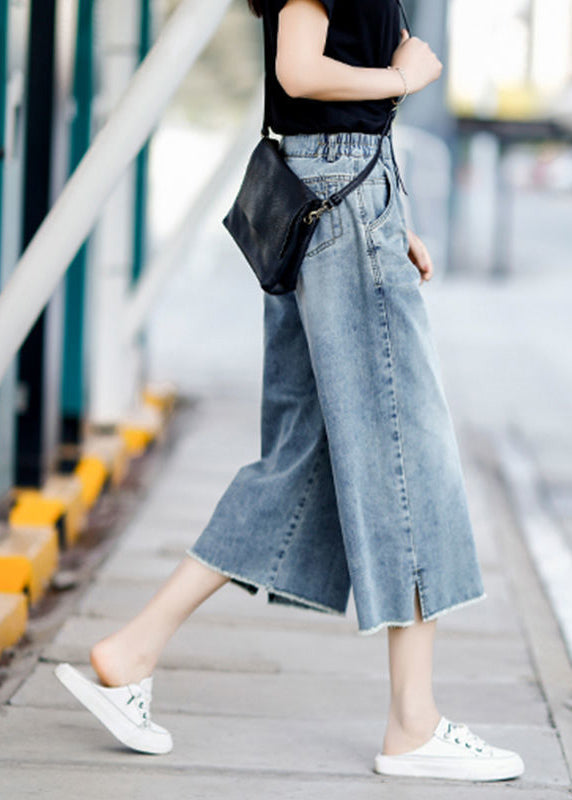 Boutique Blue High Waist Pockets Cotton Denim Wide Leg Pants Summer