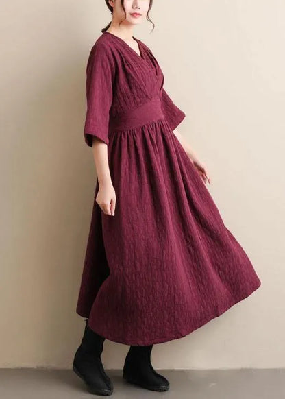 Natural V Neck Cinched Spring Quilting Clothes Pattern Burgundy Maxi Dress